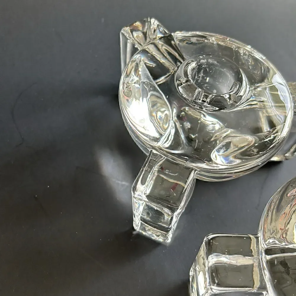 Vintage Heavy Clear Glass 3 Footed Round Candle Holders Set of 2 Art Deco Style